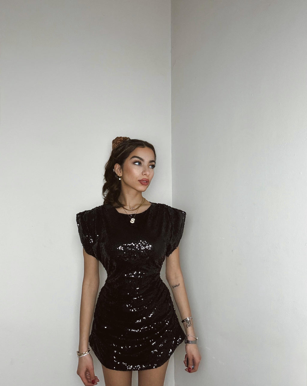 Midnight Sequin Ruched Mini Dress