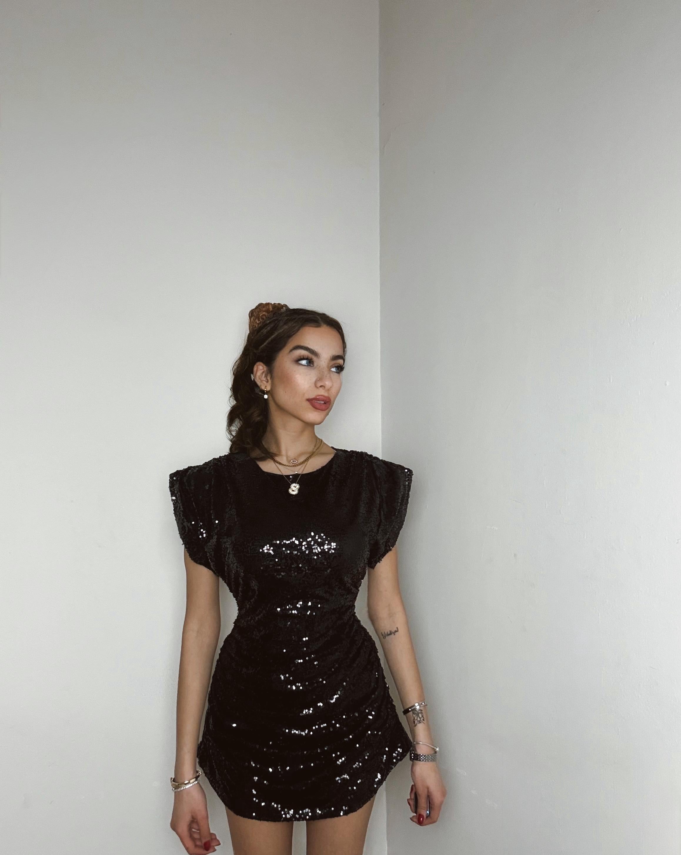 Midnight Sequin Ruched Mini Dress